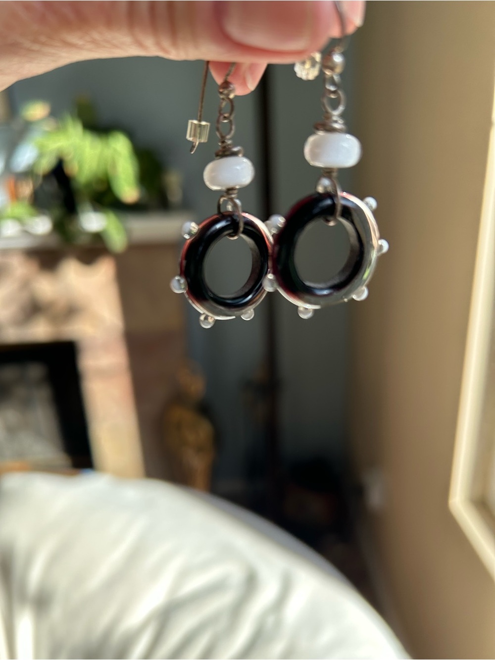 Handcrafted dark brown and White Glass Hoop Drop Earrings